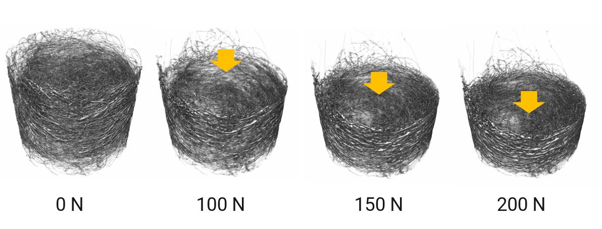 CT scan 3D rendering images of steel wool under stress
