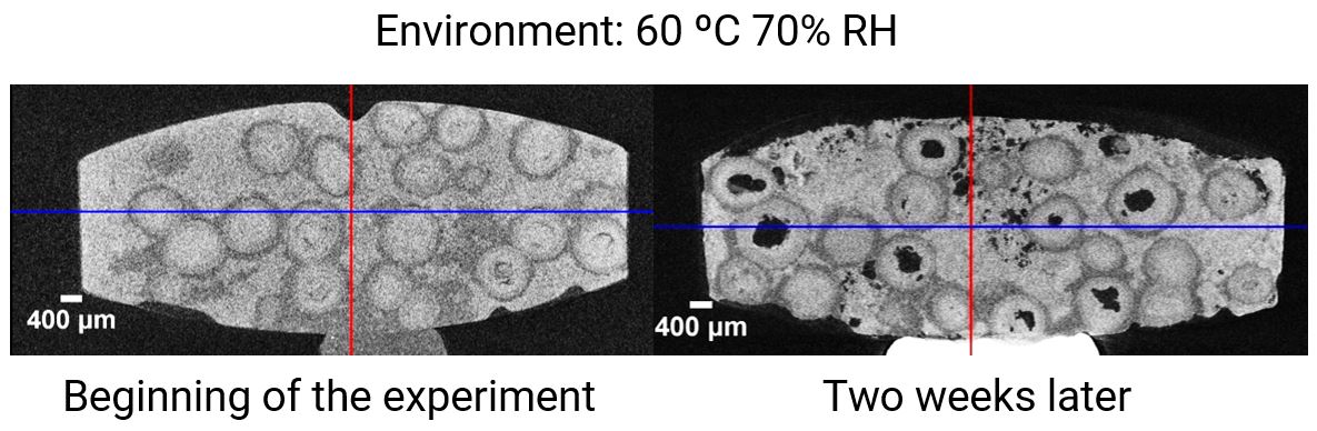 X-ray CT scan of a sustained-release dosage tablet with degradation caused by heat and humidity